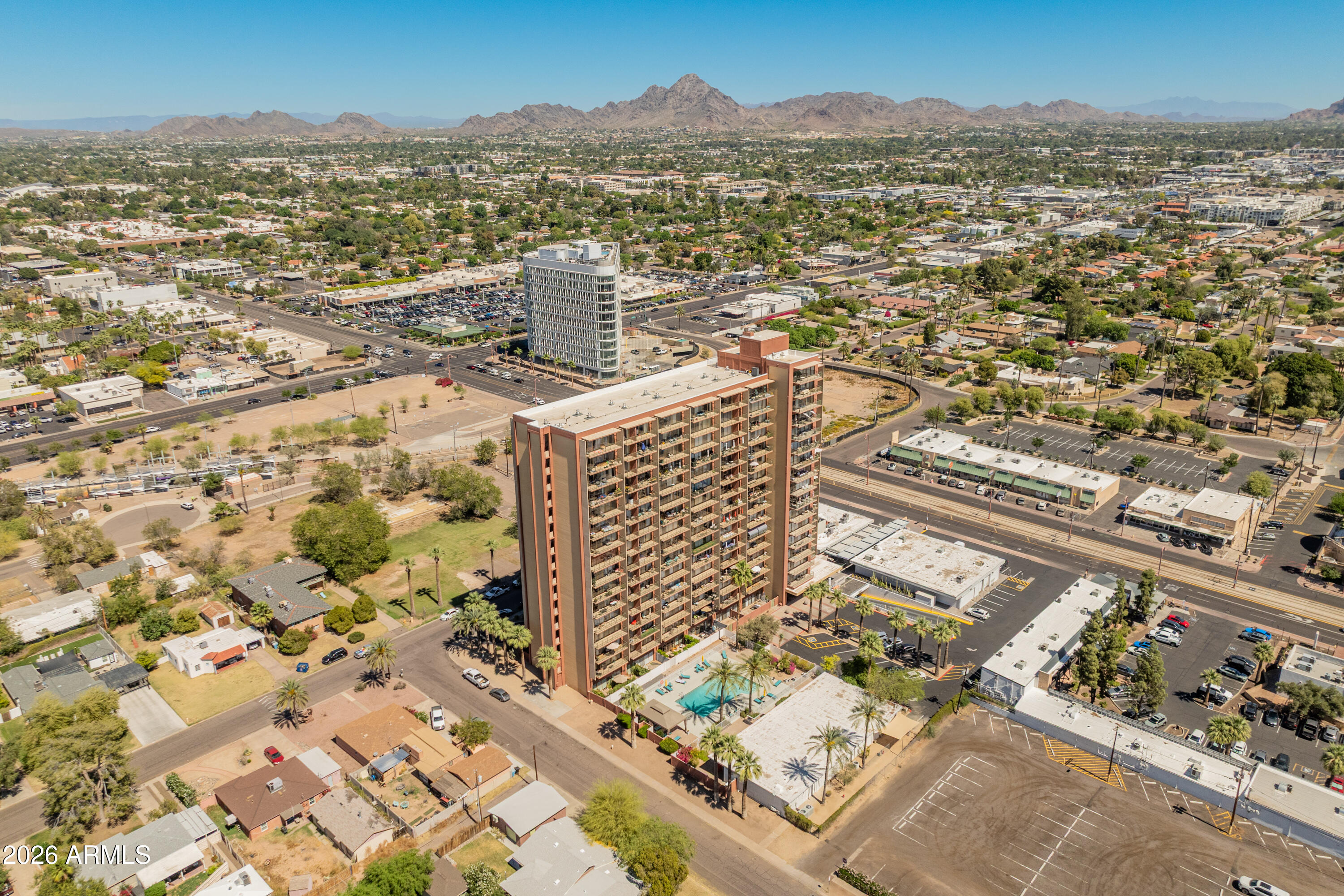 Aerial view of Landmark Towers on Central Avenue with the Phoenix Mountains beyond